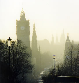 Misty morning view of Princes St. from Calton Hill