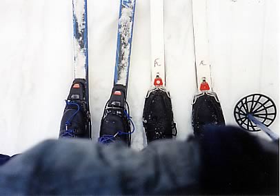 Paivi's skis and mine. Note the dress shoes I wear