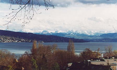 Looking across Lake Zurich to the mountains